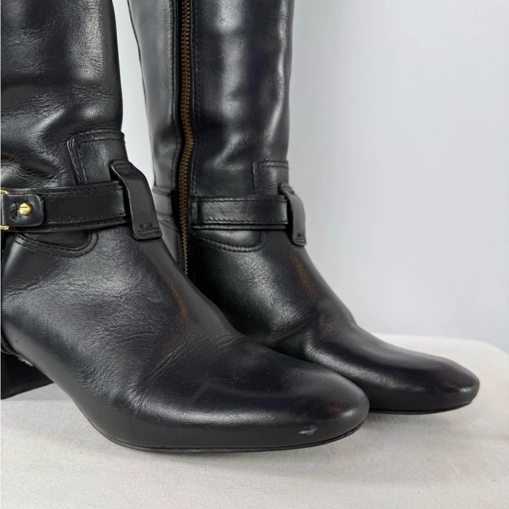 Vintage Y2K Tory Burch Leather Gold Logo Knee‎ High Heeled Boots in Black Size 7